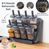 Porsima 1124 Standlı Kaydırmalı Kaşıklı 360° Döner Kapaklı Etiketli Baharatlık Seti - Erzak Saklama Kabı Antrasit - 2