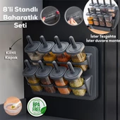 Porsima 1124 Standlı Kaydırmalı Kaşıklı 360° Döner Kapaklı Etiketli Baharatlık Seti - Erzak Saklama Kabı Antrasit - 1