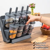 Porsima 1124 Standlı Kaydırmalı Kaşıklı 360° Döner Kapaklı Etiketli Baharatlık Seti - Erzak Saklama Kabı Antrasit - 3