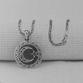 Gravür İşlemeli Siyah 925 Ayar Erkek Gümüş Büyük Boy Ay Yıldız Kolye thumbnail 1