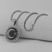 Gravür İşlemeli Siyah 925 Ayar Erkek Gümüş Büyük Boy Ay Yıldız Kolye thumbnail 2