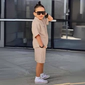 Triliya Erkek Çocuk Yazlık Tişört Kapri Takımı-Müslin Keten Organik Kumaş, 3-11 Yaş, Cepli, Lüks - 7