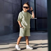 Triliya Erkek Çocuk Yazlık Tişört Kapri Takımı-Müslin Keten Organik Kumaş, 3-11 Yaş, Cepli, Lüks - 10