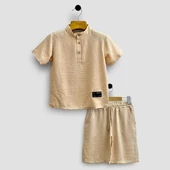 Triliya Erkek Çocuk Yazlık Tişört Kapri Takımı-Müslin Keten Organik Kumaş, 3-11 Yaş, Cepli, Lüks - 2