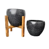 Bitki Tasarımı Siyah Granit Toprak Saksı Saksılık Salon Çiçeklik İkili Set Ayaksız - 4 Ayaklı- 15 CM - 6