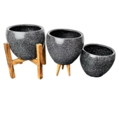 Bitki Tasarımı Siyah Granit Toprak Saksı Saksılık Salon Çiçeklik Üçlü Set - 15 CM - 3