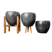Bitki Tasarımı Siyah Granit Toprak Saksı Saksılık Salon Çiçeklik Üçlü Set - 15 CM - 1