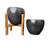 Bitki Tasarımı Siyah Granit Toprak Saksı Saksılık Salon Çiçeklik İkili Set Ayaksız - 4 Ayaklı- 15 CM - 1