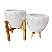 Bitki Tasarımı Beyaz Granit Toprak Saksı Saksılık Salon Çiçeklik İkili Set 3 Ayaklı- 4 Ayaklı- 15 CM - 5