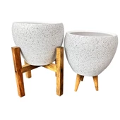 Bitki Tasarımı Beyaz Granit Toprak Saksı Saksılık Salon Çiçeklik İkili Set 3 Ayaklı- 4 Ayaklı- 15 CM - 4