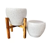 Bitki Tasarımı Beyaz Granit Toprak Saksı Saksılık Salon Çiçeklik İkili Set Ayaksız - 4 Ayaklı- 15 CM - 3