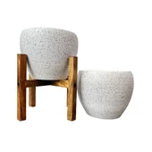 Bitki Tasarımı Beyaz Granit Toprak Saksı Saksılık Salon Çiçeklik İkili Set Ayaksız - 4 Ayaklı- 15 CM - 1