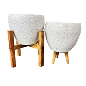 Bitki Tasarımı Beyaz Granit Toprak Saksı Saksılık Salon Çiçeklik İkili Set 3 Ayaklı- 4 Ayaklı- 15 CM - 3