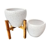 Bitki Tasarımı Beyaz Granit Toprak Saksı Saksılık Salon Çiçeklik İkili Set Ayaksız - 4 Ayaklı- 15 CM - 5