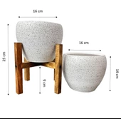 Bitki Tasarımı Beyaz Granit Toprak Saksı Saksılık Salon Çiçeklik İkili Set Ayaksız - 4 Ayaklı- 15 CM - 2