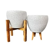 Bitki Tasarımı Beyaz Granit Toprak Saksı Saksılık Salon Çiçeklik İkili Set 3 Ayaklı- 4 Ayaklı- 15 CM - 1