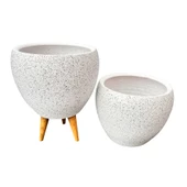 Bitki Tasarımı Beyaz Granit Toprak Saksı Saksılık Salon Çiçeklik İkili Set Ayaksız - 3 Ayaklı- 15 CM - 3