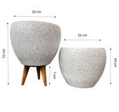 Bitki Tasarımı Beyaz Granit Toprak Saksı Saksılık Salon Çiçeklik İkili Set Ayaksız - 3 Ayaklı- 15 CM - 2