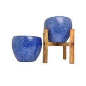 Bitki Tasarımı Lacivert Granit Toprak Saksı Saksılık Salon Çiçeklik İkili Set Ayaksız - 4 Ayaklı- 15 CM - 1