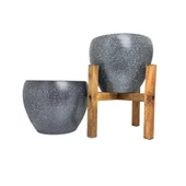 Bitki Tasarımı Gri Granit Toprak Saksı Saksılık Salon Çiçeklik İkili Set Ayaksız - 4 Ayaklı- 15 CM - 7