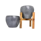 Bitki Tasarımı Gri Granit Toprak Saksı Saksılık Salon Çiçeklik İkili Set Ayaksız - 4 Ayaklı- 15 CM - 1