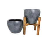 Bitki Tasarımı Gri Granit Toprak Saksı Saksılık Salon Çiçeklik İkili Set Ayaksız - 4 Ayaklı- 15 CM - 4