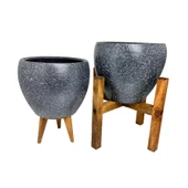 Bitki Tasarımı Gri Granit Toprak Saksı Saksılık Salon Çiçeklik İkili Set 3 Ayaklı- 4 Ayaklı- 15 CM - 4