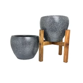 Bitki Tasarımı Gri Granit Toprak Saksı Saksılık Salon Çiçeklik İkili Set Ayaksız - 4 Ayaklı- 15 CM - 3