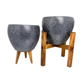 Bitki Tasarımı Gri Granit Toprak Saksı Saksılık Salon Çiçeklik İkili Set 3 Ayaklı- 4 Ayaklı- 15 CM - 6
