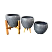 Bitki Tasarımı Gri Granit Toprak Saksı Saksılık Salon Çiçeklik Üçlü Set - 15 CM thumbnail 9