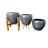 Bitki Tasarımı Gri Granit Toprak Saksı Saksılık Salon Çiçeklik Üçlü Set - 15 CM thumbnail 5