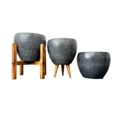 Bitki Tasarımı Gri Granit Toprak Saksı Saksılık Salon Çiçeklik Üçlü Set - 15 CM thumbnail 1