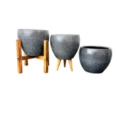 Bitki Tasarımı Gri Granit Toprak Saksı Saksılık Salon Çiçeklik Üçlü Set - 15 CM thumbnail 4