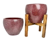 Bitki Tasarımı Bordo Granit Toprak Saksı Saksılık Salon Çiçeklik İkili Set Ayaksız - 4 Ayaklı- 15 CM thumbnail 4