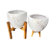 Bitki Tasarımı Beyaz Üzeri Gold Mermer Efektli Toprak Saksı Saksılık Salon Çiçeklik İkili Set 3 Ayaklı- 4 Ayaklı- 15 Cm thumbnail 3