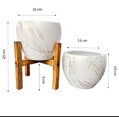 Bitki Tasarımı Beyaz Üzeri Gold Mermer Efektli Toprak Saksı Saksılık Salon Çiçeklik İkili Set Ayaksız - 4 Ayaklı- 15 Cm thumbnail 2