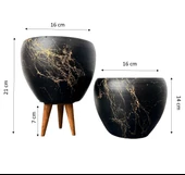 Bitki Tasarımı Siyah Üzeri Gold Mermer Efektli Toprak Saksı Saksılık Salon Çiçeklik İkili Set Ayaksız - 3 Ayaklı- 15 Cm - 2