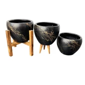 Bitki Tasarımı Siyah Üzeri Gold Mermer Efektli Toprak Saksı Saksılık Salon Çiçeklik Üçlü Set - 15 Cm thumbnail 5