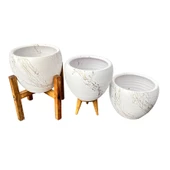 Bitki Tasarımı Beyaz Üzeri Gold Mermer Efektli Toprak Saksı Saksılık Salon Çiçeklik Üçlü Set - 15 Cm - 7