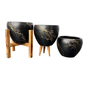 Bitki Tasarımı Siyah Üzeri Gold Mermer Efektli Toprak Saksı Saksılık Salon Çiçeklik Üçlü Set - 15 Cm thumbnail 3