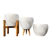 Bitki Tasarımı Beyaz Üzeri Gold Mermer Efektli Toprak Saksı Saksılık Salon Çiçeklik Üçlü Set - 15 Cm - 1