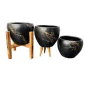 Bitki Tasarımı Siyah Üzeri Gold Mermer Efektli Toprak Saksı Saksılık Salon Çiçeklik Üçlü Set - 15 Cm thumbnail 4
