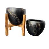 Siyah Üzeri Gold Mermer Efektli Toprak Saksı Saksılık Salon Çiçeklik İkili Set Ayaksız -4 Ayaklı-15 Cm - 3