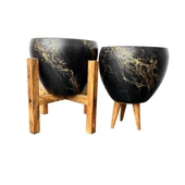 Bitki Tasarımı Siyah Üzeri Gold Mermer Efektli Toprak Saksı Saksılık Salon Çiçeklik İkili Set 3 Ayaklı- 4 Ayaklı- 15 Cm thumbnail 3