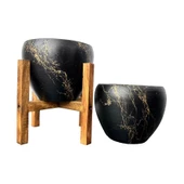 Siyah Üzeri Gold Mermer Efektli Toprak Saksı Saksılık Salon Çiçeklik İkili Set Ayaksız -4 Ayaklı-15 Cm - 1