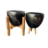 Bitki Tasarımı Siyah Üzeri Gold Mermer Efektli Toprak Saksı Saksılık Salon Çiçeklik İkili Set 3 Ayaklı- 4 Ayaklı- 15 Cm thumbnail 4