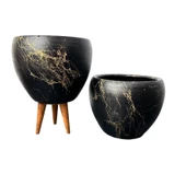 Bitki Tasarımı Siyah Üzeri Gold Mermer Efektli Toprak Saksı Saksılık Salon Çiçeklik İkili Set Ayaksız - 3 Ayaklı- 15 Cm - 3