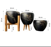 Bitki Tasarımı Siyah Üzeri Gold Mermer Efektli Toprak Saksı Saksılık Salon Çiçeklik Üçlü Set - 15 Cm thumbnail 2