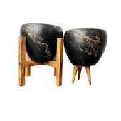 Bitki Tasarımı Siyah Üzeri Gold Mermer Efektli Toprak Saksı Saksılık Salon Çiçeklik İkili Set 3 Ayaklı- 4 Ayaklı- 15 Cm thumbnail 1