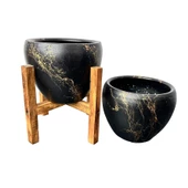 Siyah Üzeri Gold Mermer Efektli Toprak Saksı Saksılık Salon Çiçeklik İkili Set Ayaksız -4 Ayaklı-15 Cm - 5